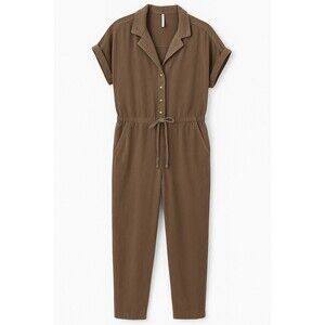 Free People Lottie Jumpsuit Tan Neutral Drawstring Waist Straight Leg medium